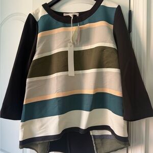 Anthropologie Striped Teal Olive Black and Cream Blouse